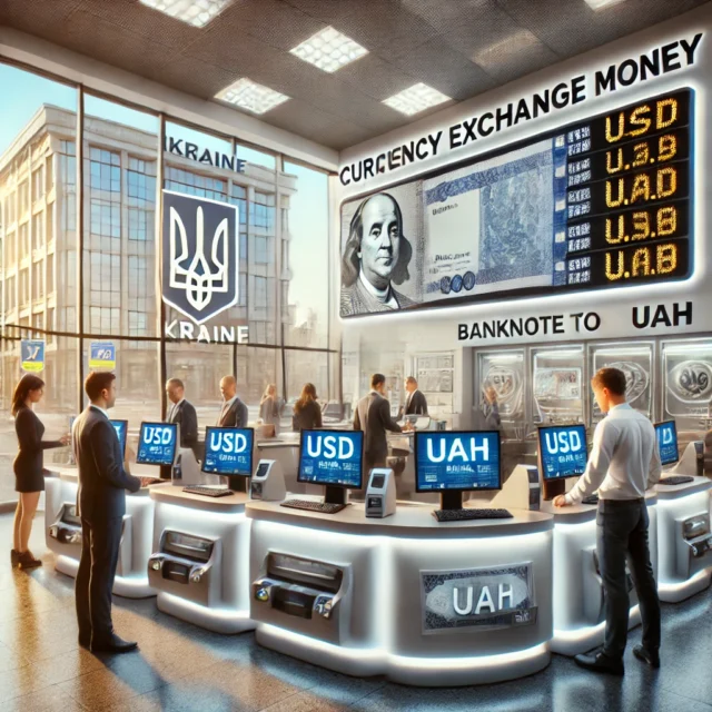 DALL·E 2025-03-25 04.26.16 - A secure and modern currency exchange office in Kyiv, Ukraine. The office is clean, bright, and professional, with digital boards showing USD to UAH r