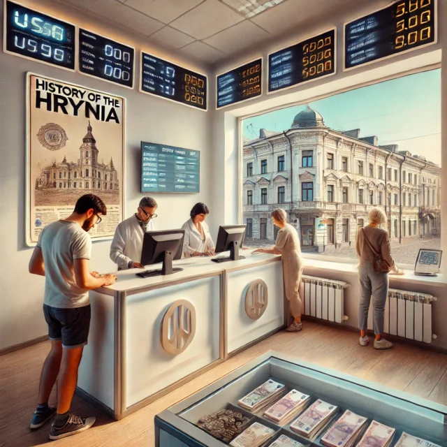 DALL·E 2025-03-25 09.30.38 - A modern, clean currency exchange office in Ivano-Frankivsk, Ukraine. Inside, customers are exchanging currency. One person is reading a poster titled